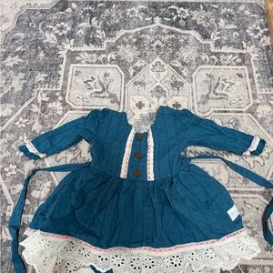 Blue Girls' Lace-Trim Cotton Dress